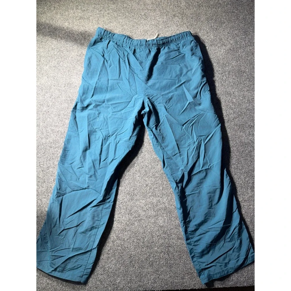 Lands End Vintage Mens 34 Nylon Pants Teal Blue Elastic Waist Made in USA